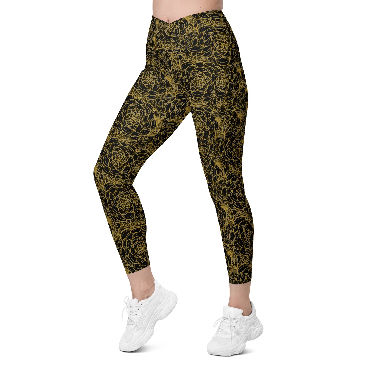 all over floral print crossover athletic leggings with pocket