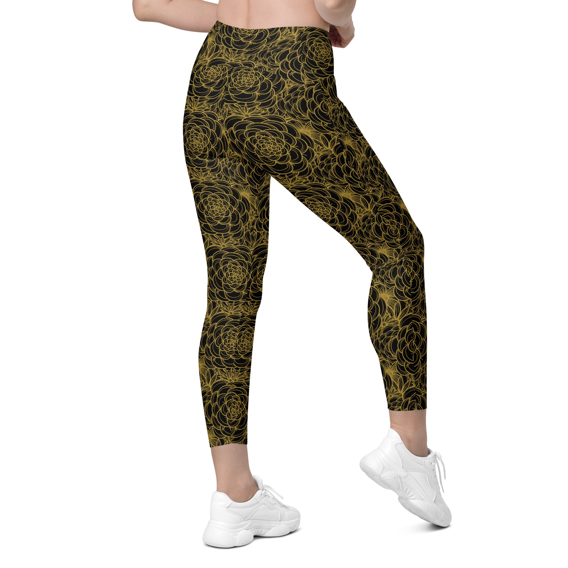 all over floral print crossover athletic leggings with pocket