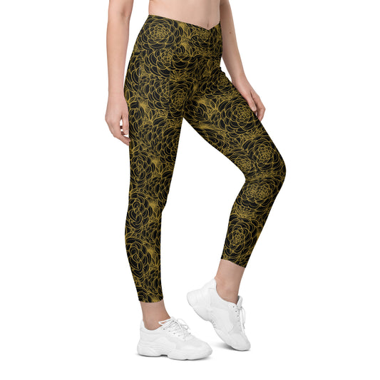 all over floral print crossover athletic leggings with pocket