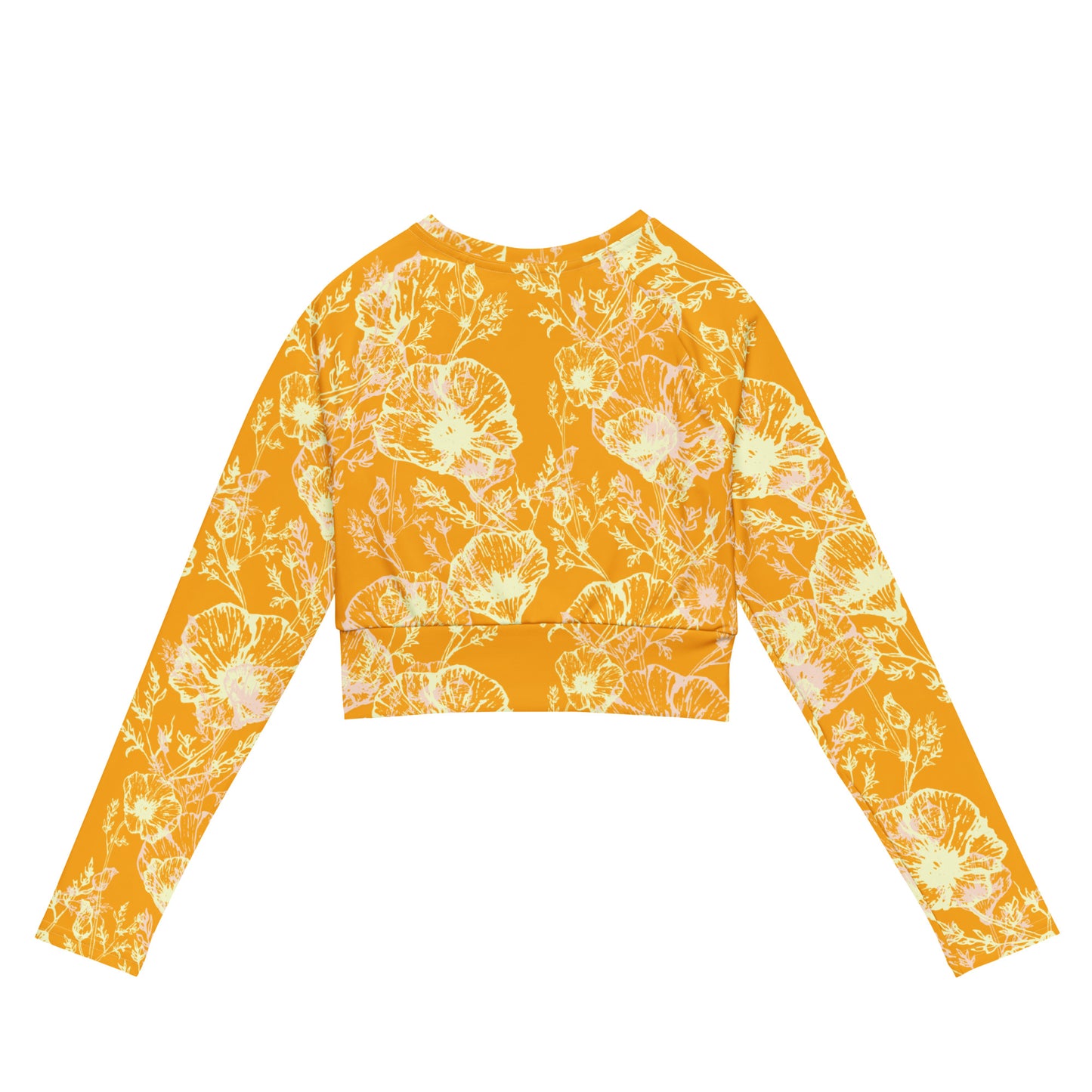 all over print recycled long sleeve crop top, orange poppy hand drawn pattern, back