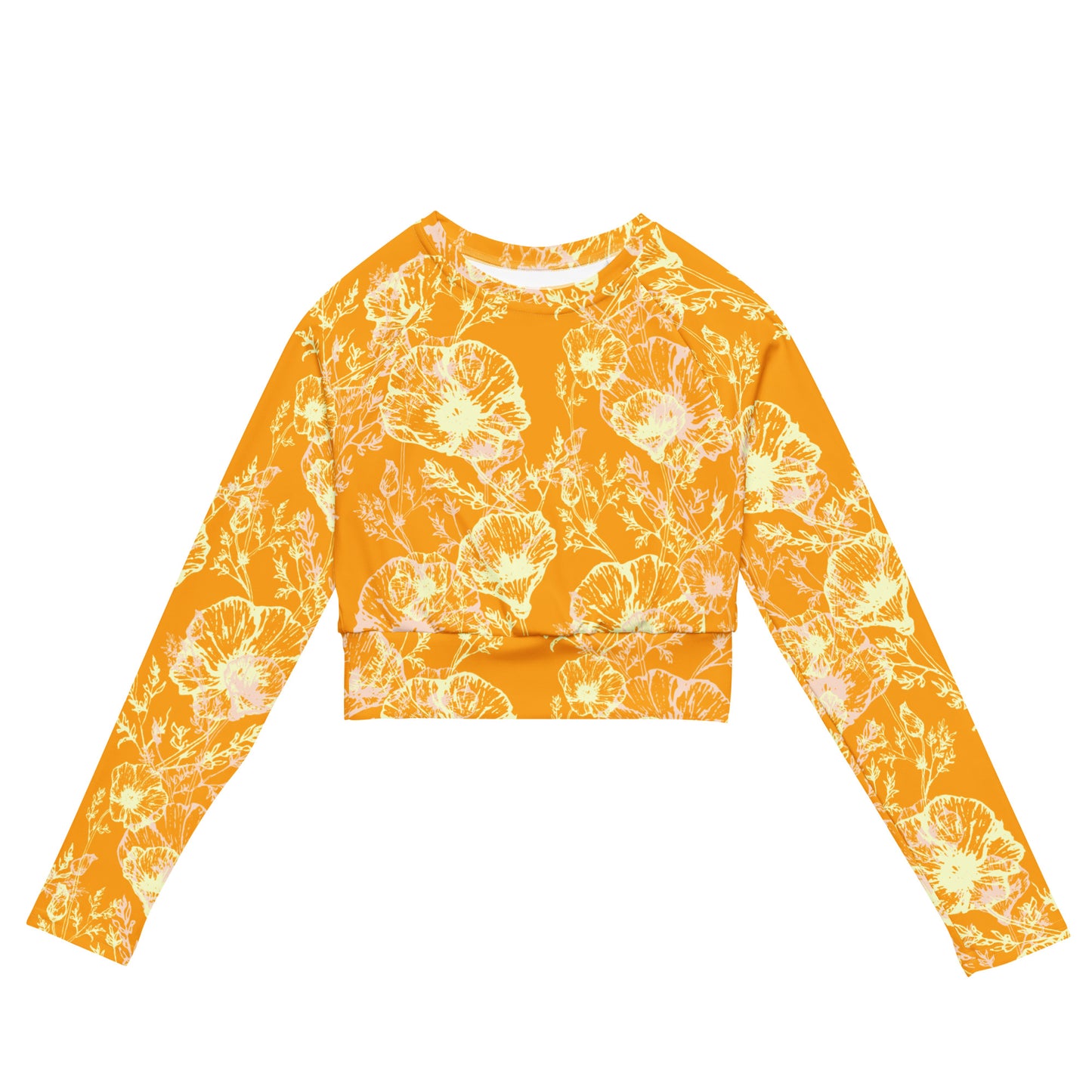 all over print recycled long sleeve crop top, orange poppy hand drawn pattern, front