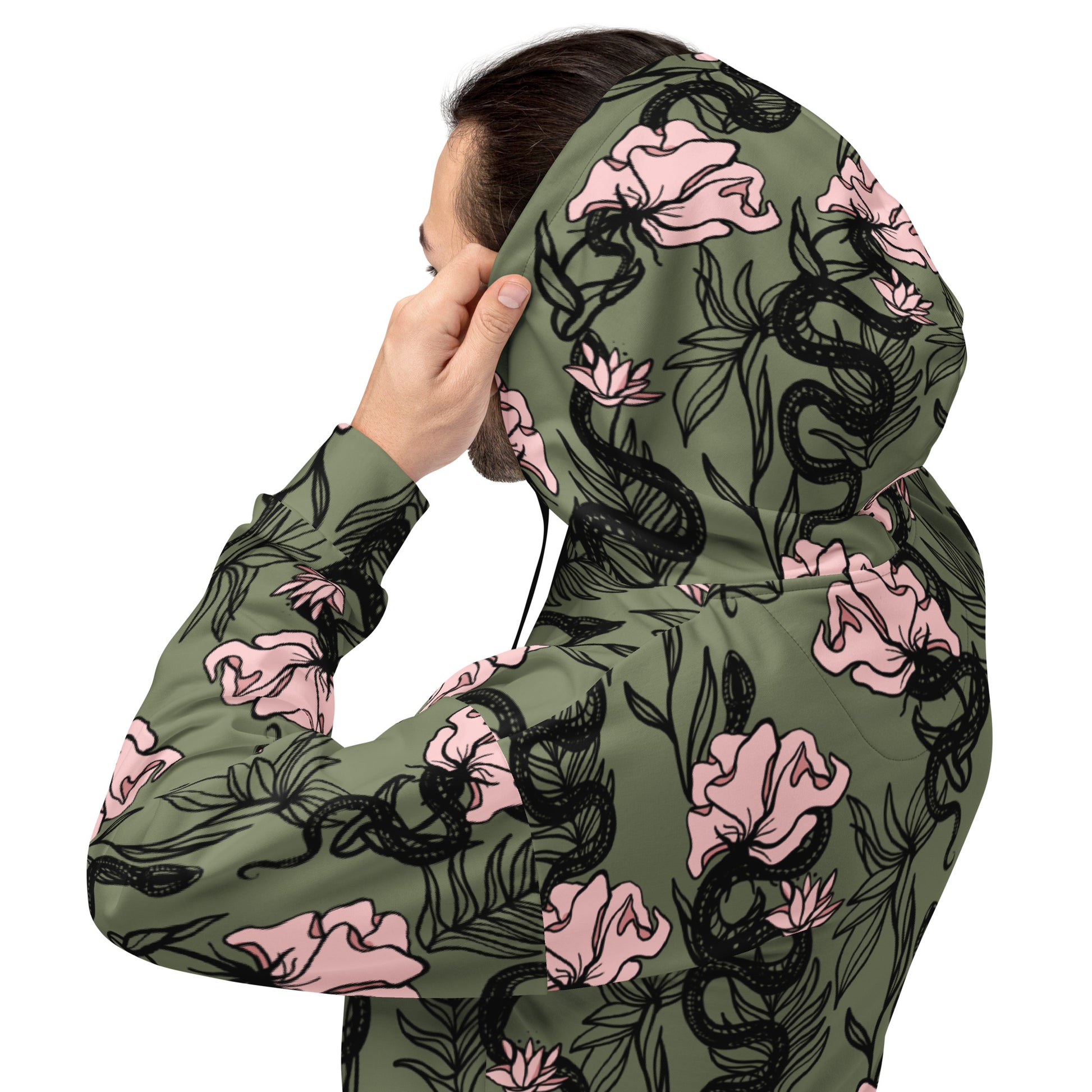 Ophis all over print hoodie, snake floral design, three in the trees. model mock up.