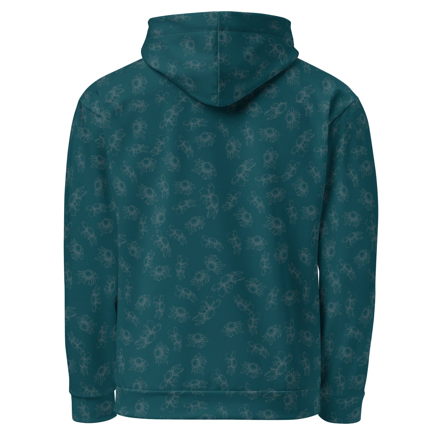 all over print unisex hoodie, ditsy floral daisy blue, back