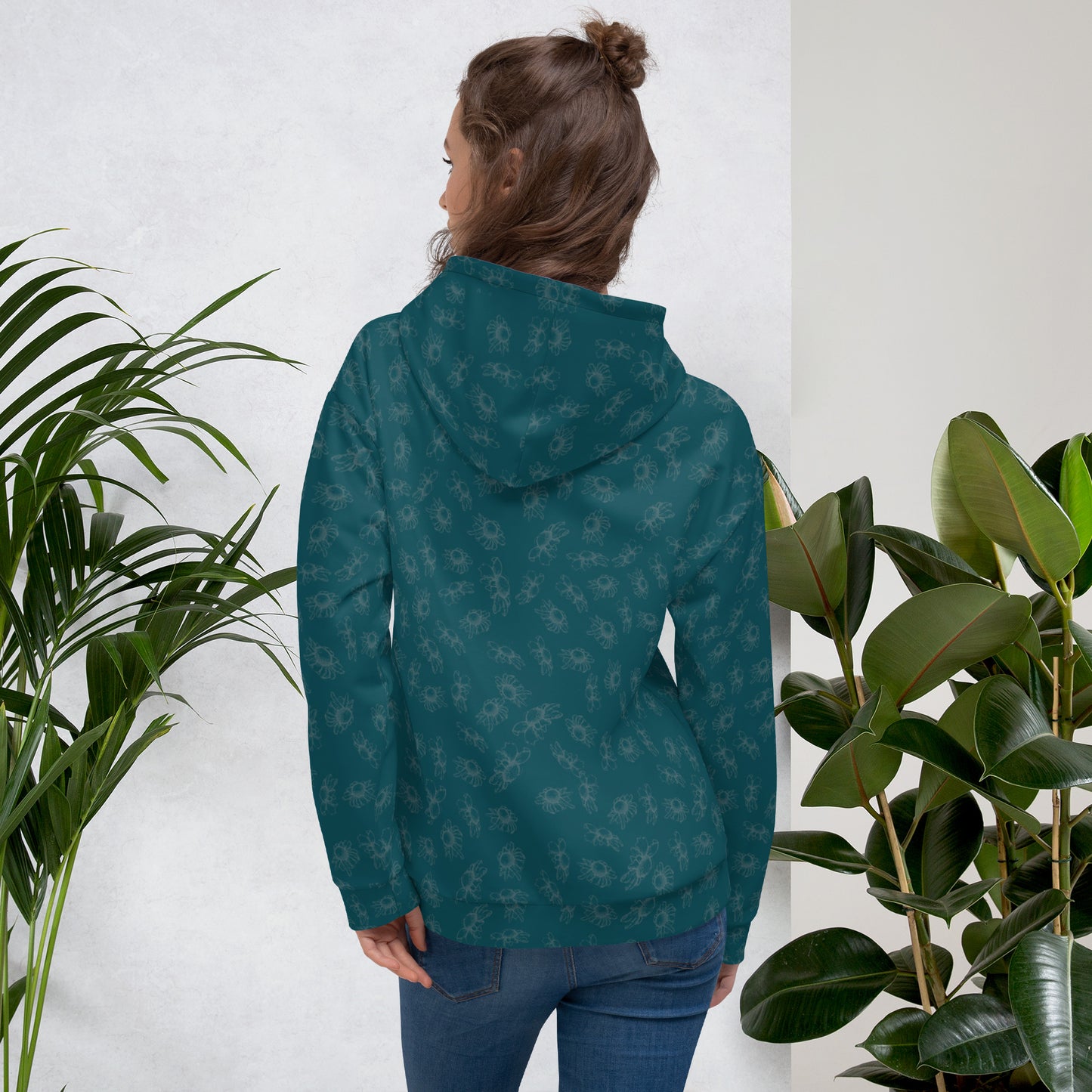 all over print unisex hoodie, ditsy floral daisy blue, model back