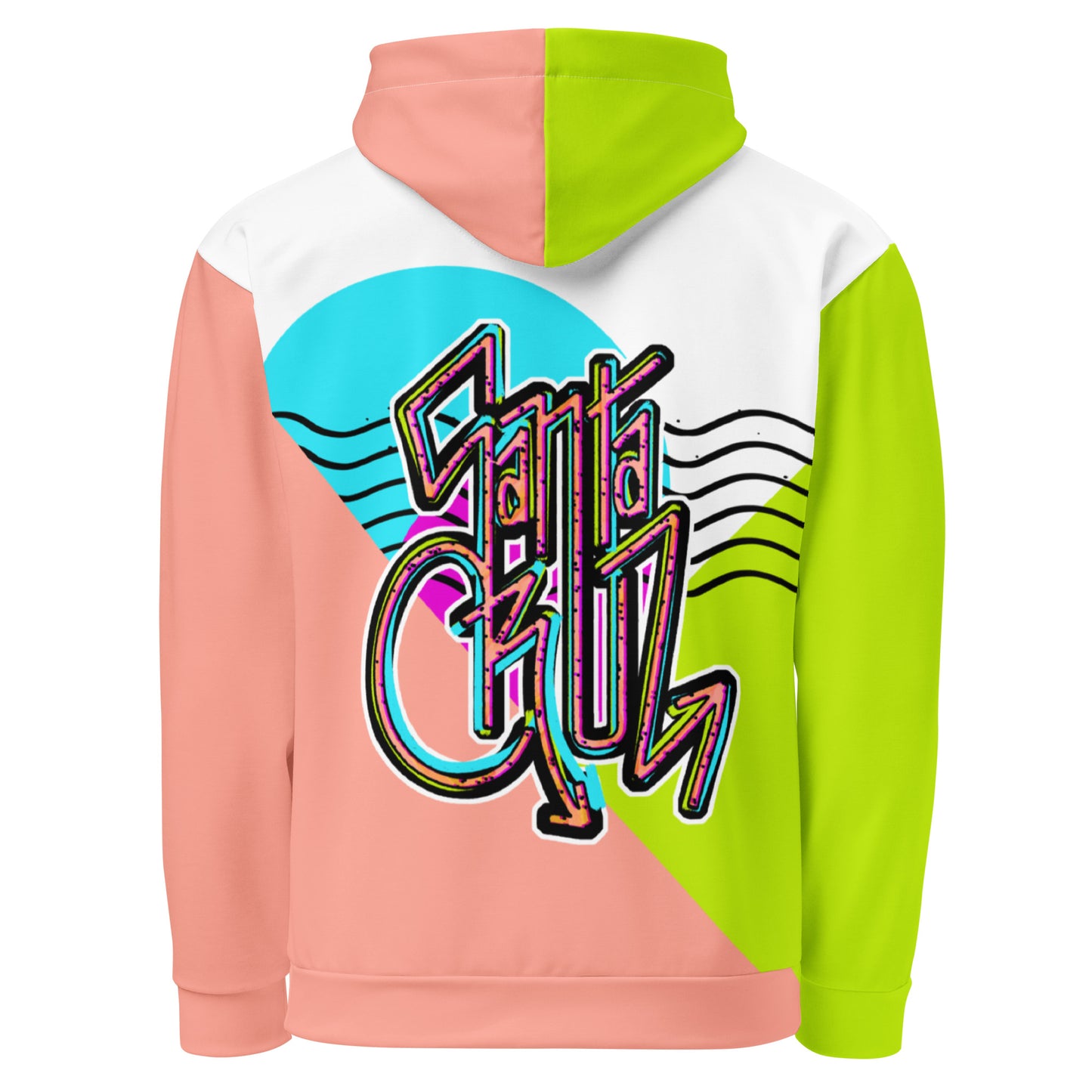 all over print unisex hoodie, bright color block design with retro graffiti Santa Cruz, back