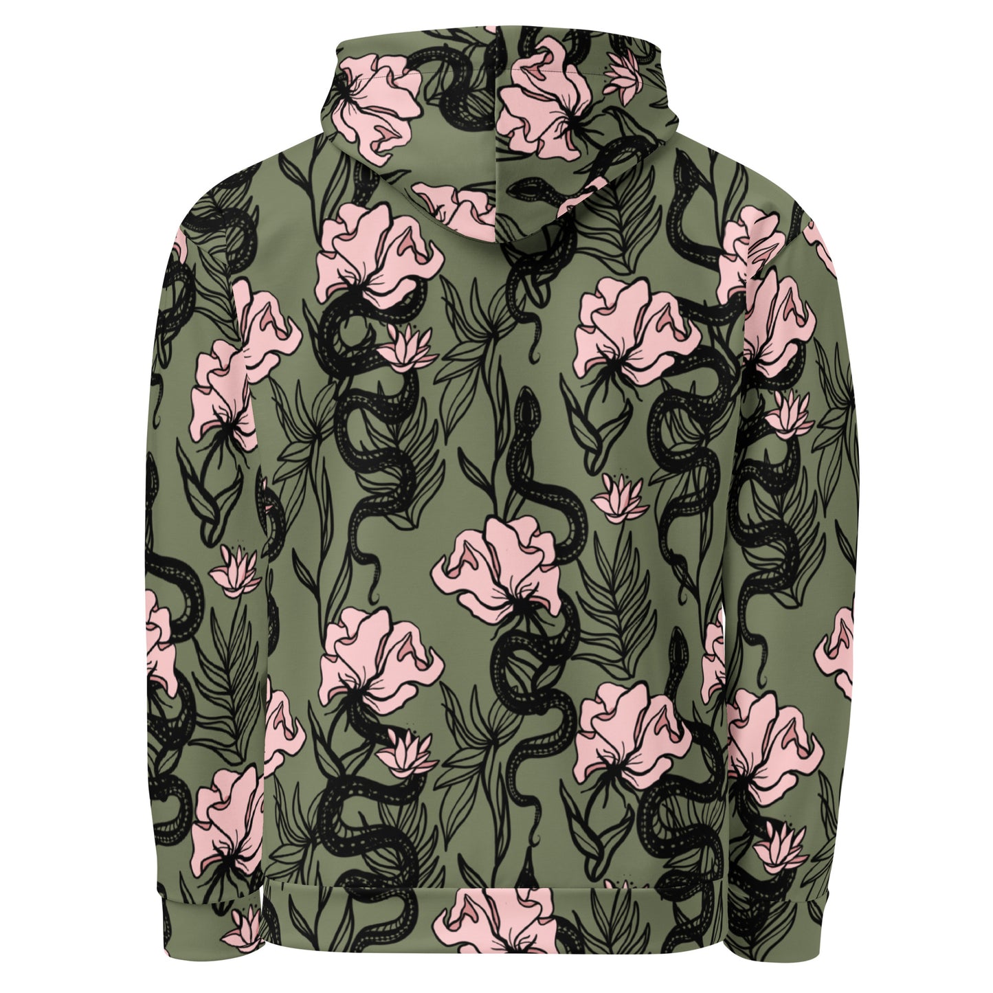 Ophis all over print hoodie, snake floral design, three in the trees back