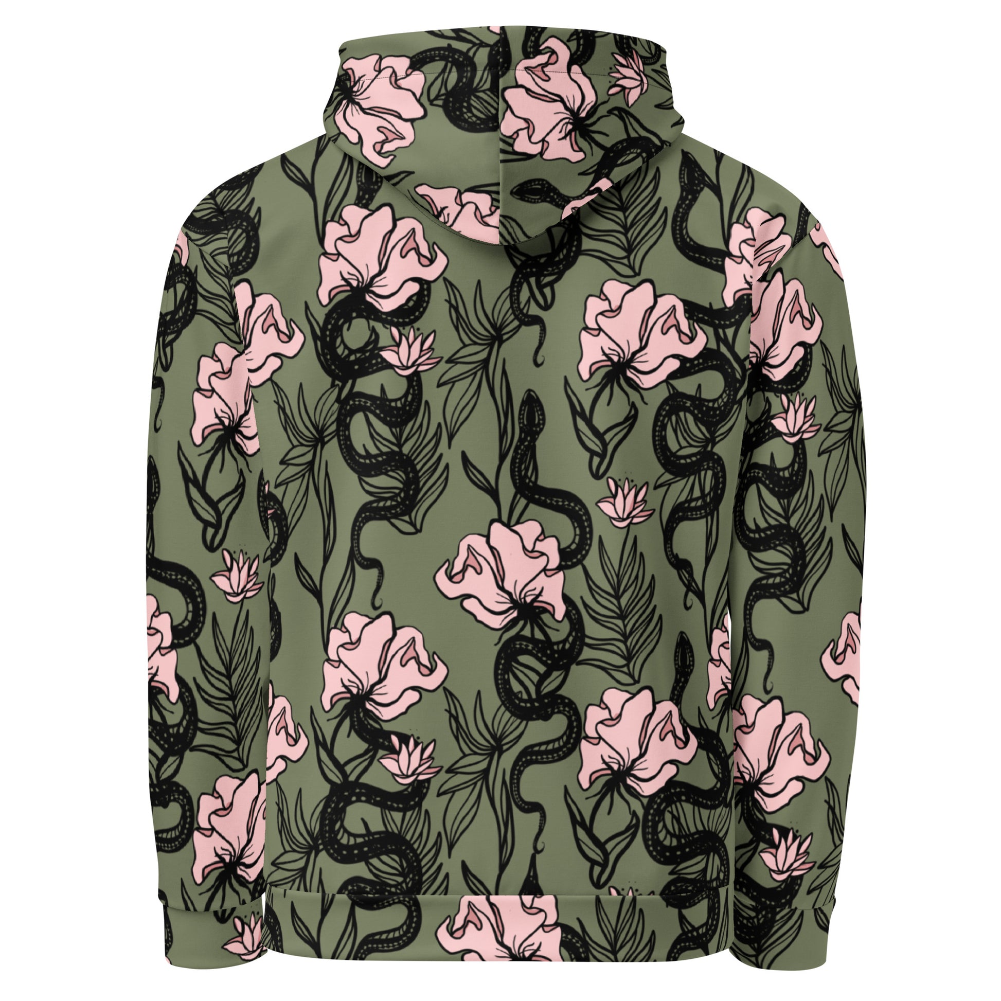 Ophis all over print hoodie, snake floral design, three in the trees back