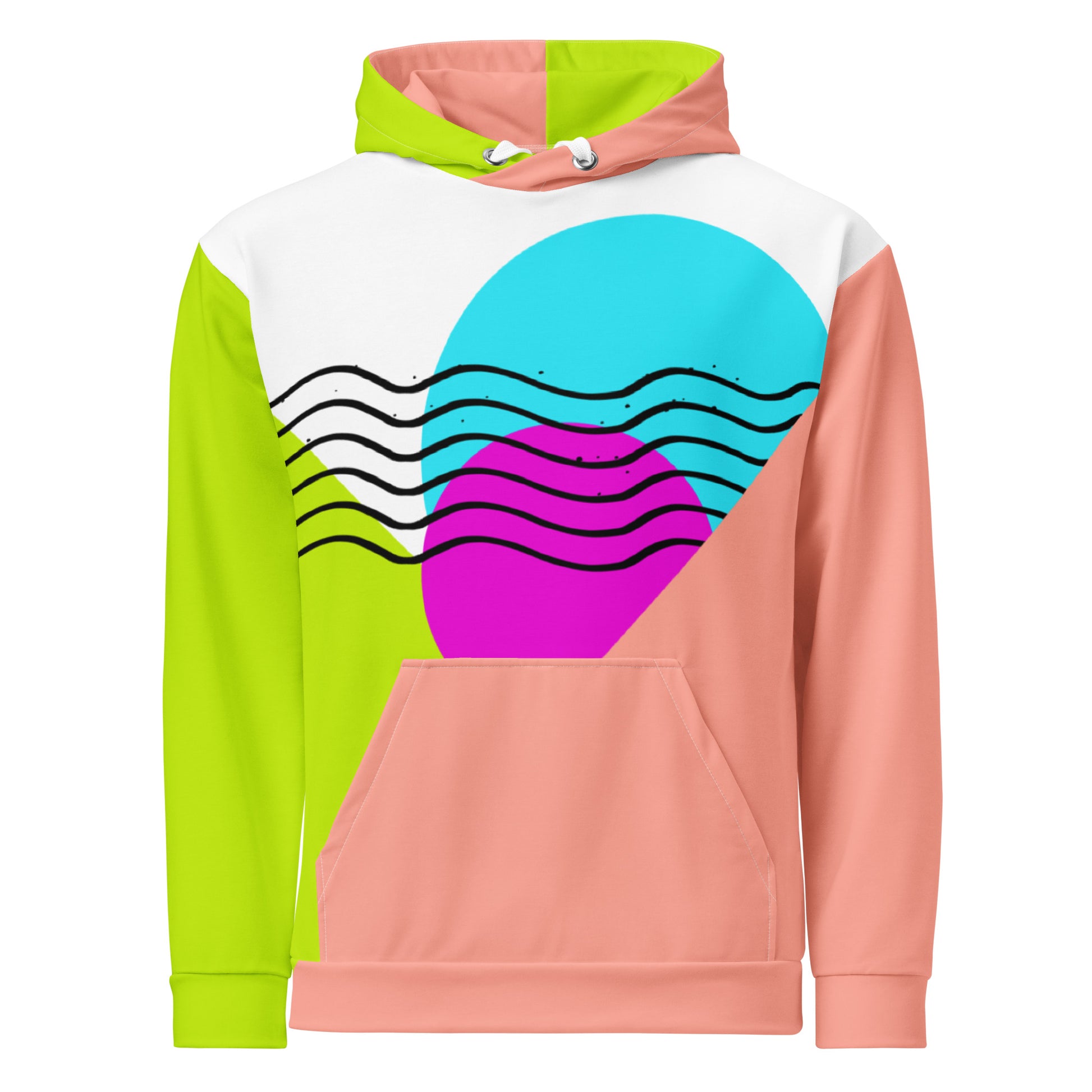 all over print unisex hoodie, bright color block design with retro graffiti Santa Cruz, front