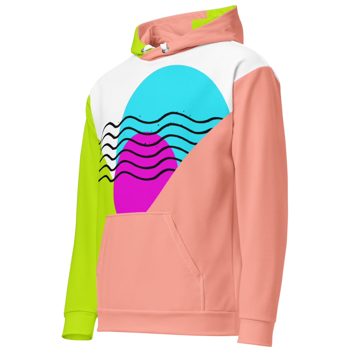 all over print unisex hoodie, bright color block design with retro graffiti Santa Cruz