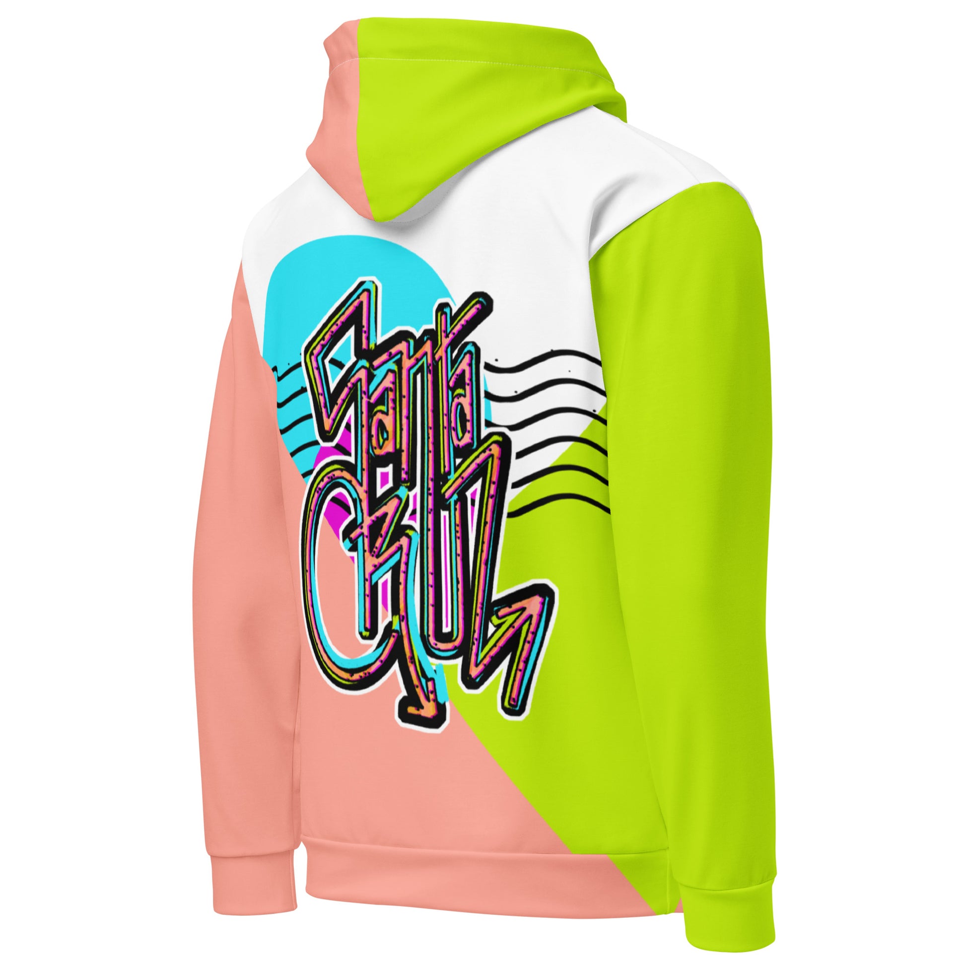 all over print unisex hoodie, bright color block design with retro graffiti Santa Cruz, back