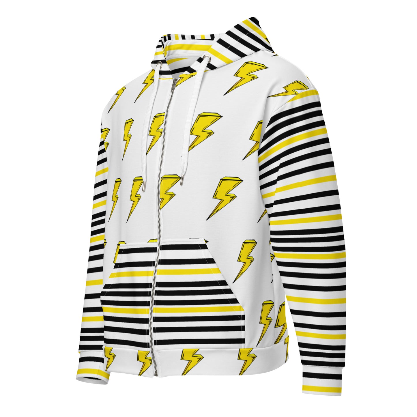 all over print unisex hoodie, cartoon lightning bolt and stripe print