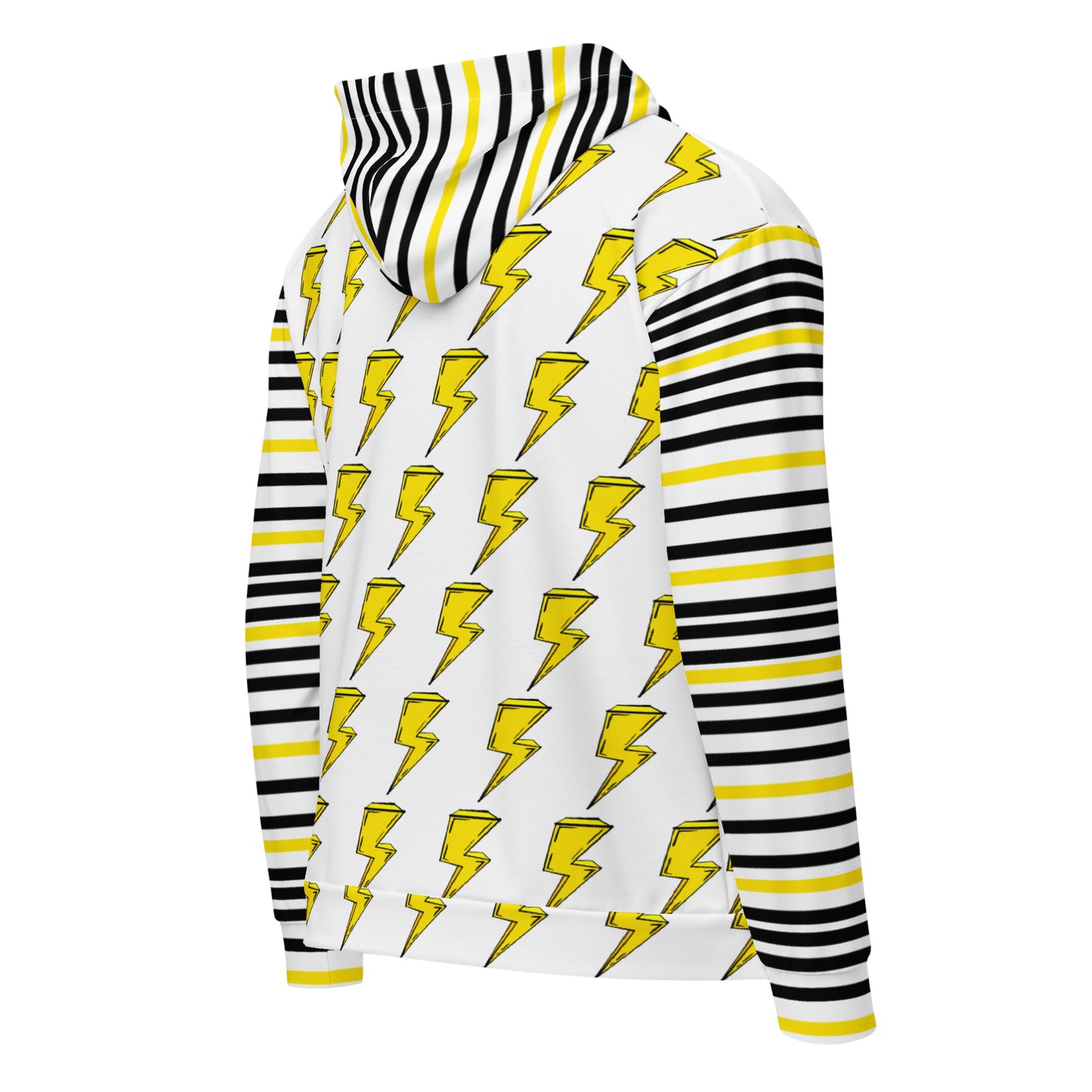 all over print unisex hoodie, cartoon lightning bolt and stripe print, back