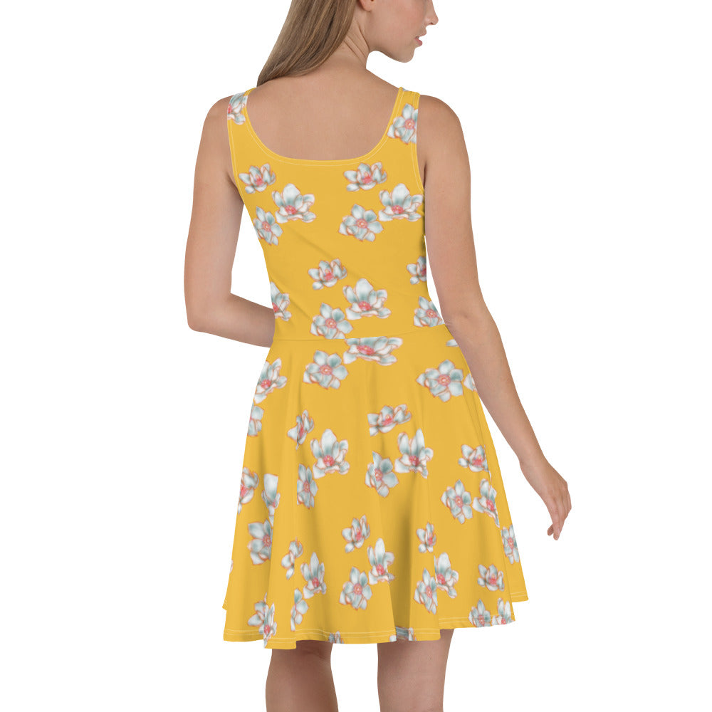 all over print magnolia skater dress by Three in the Trees. model back