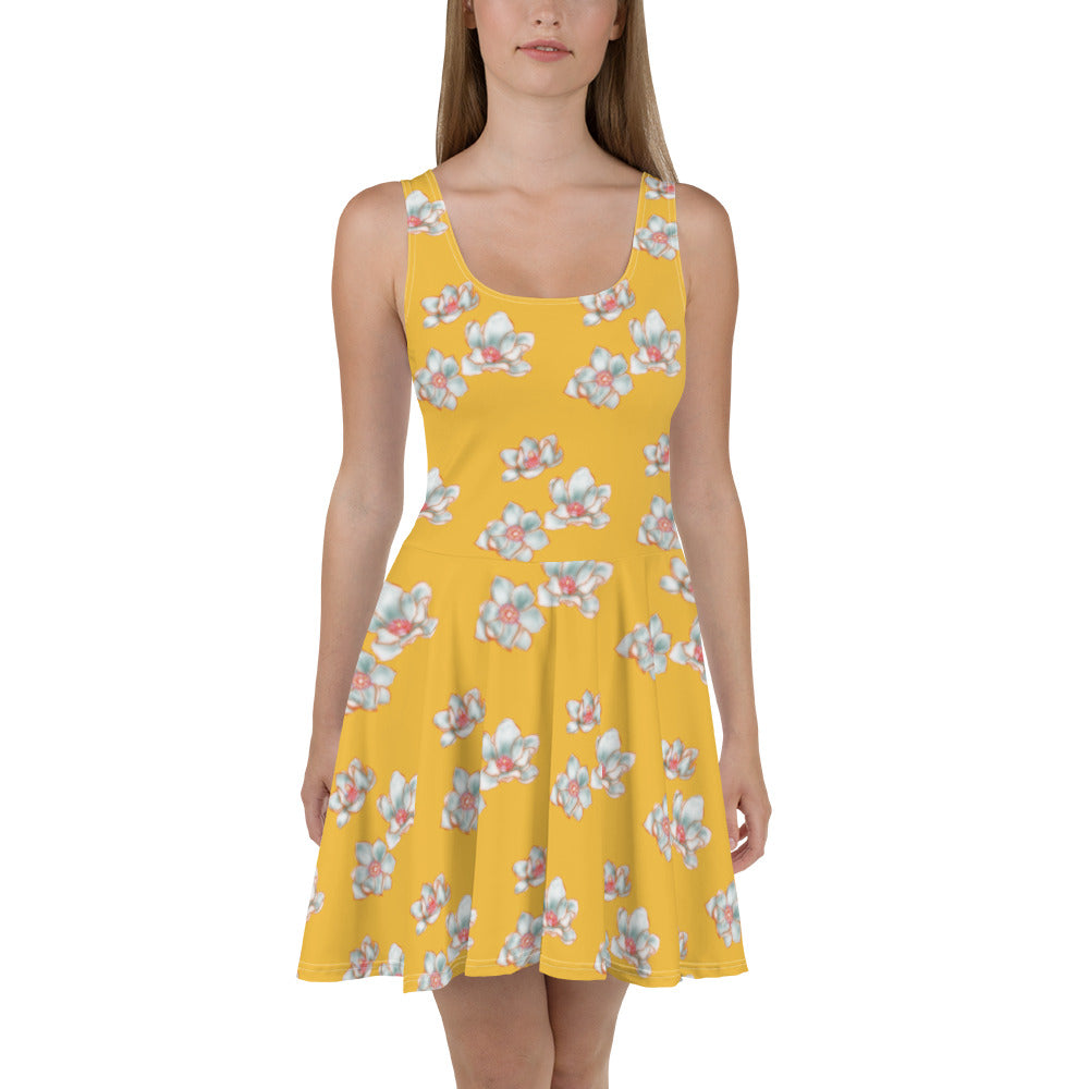 all over print magnolia skater dress by Three in the Trees. model, front