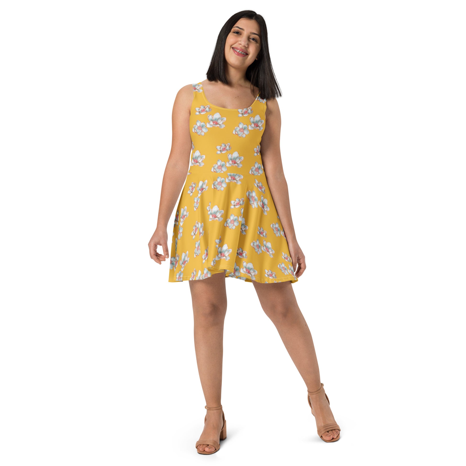 all over print magnolia skater dress by Three in the Trees. model front