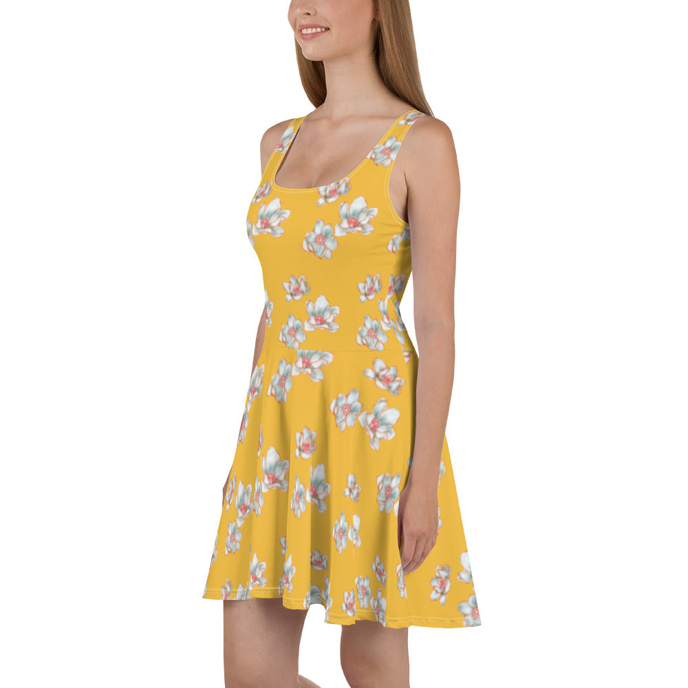 all over print magnolia skater dress by Three in the Trees. model side