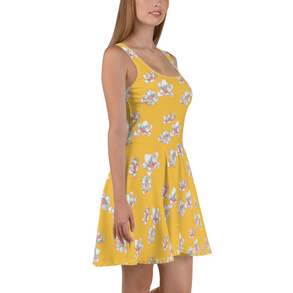 all over print magnolia skater dress by Three in the Trees. model side