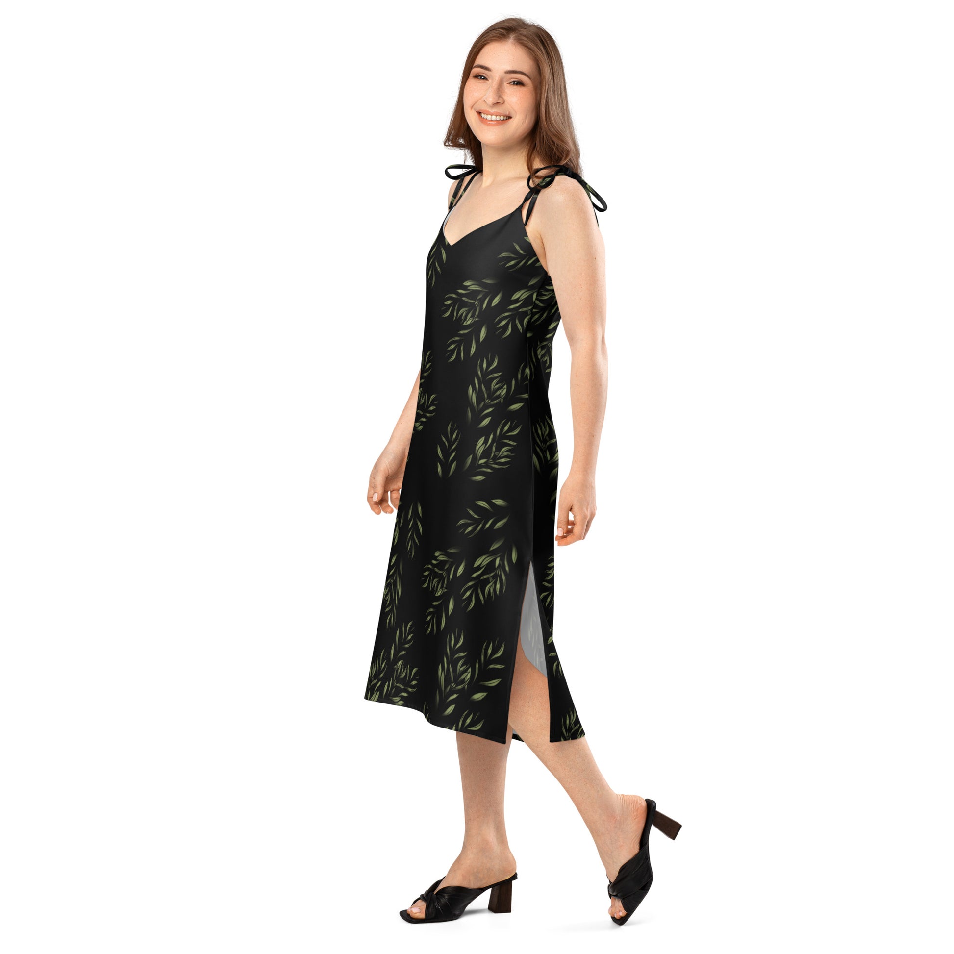 Trails tie strap midi dress, three in the trees, model mock up