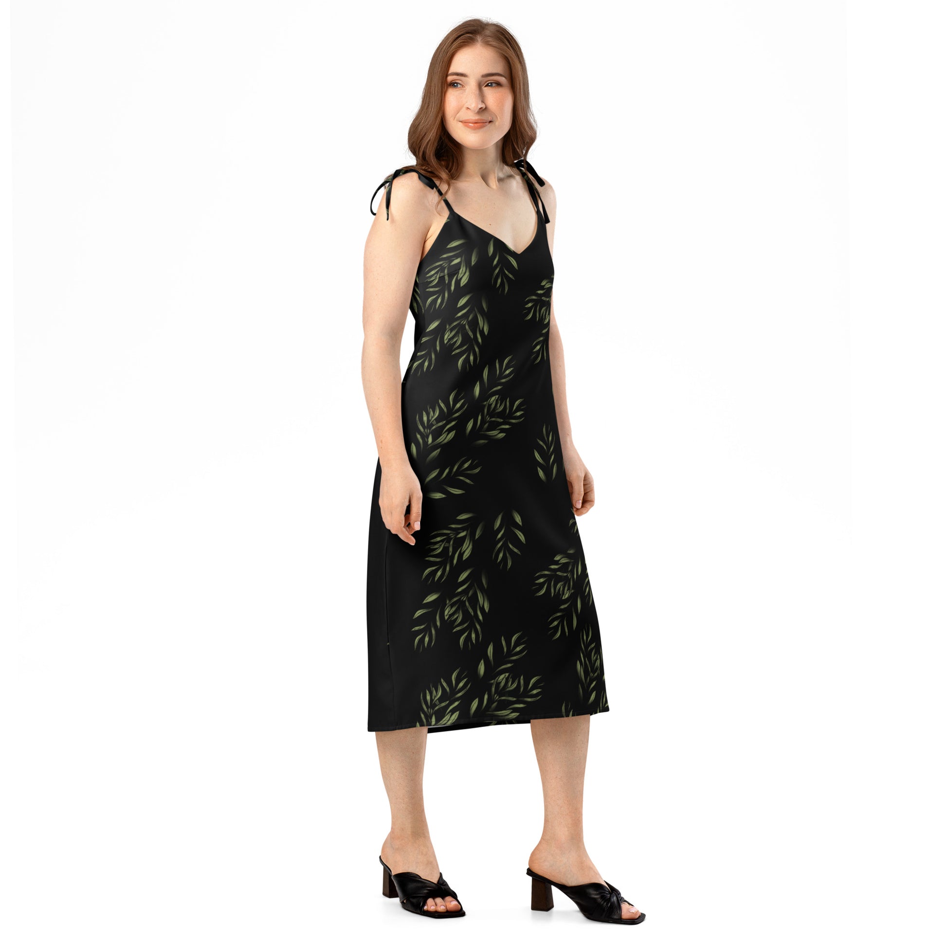 Trails tie strap midi dress, three in the trees, model mock up