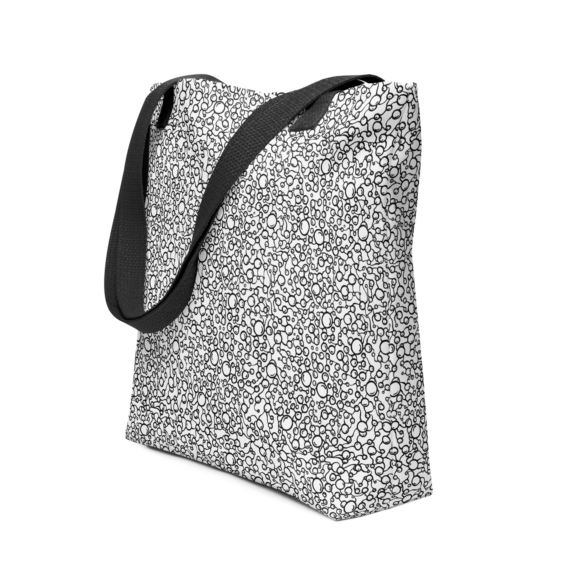 all over print tote bag, black white atomic print.