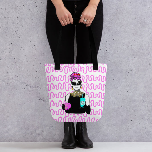 all over print tote bag with holly in wonderland digital drawing on top of pink waves pattern, black handle