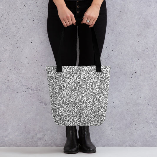 all over print tote bag, black white atomic pattern, model