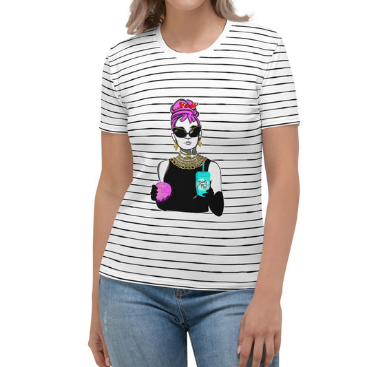 all over print women's crew neck t-shirt with holly in wonderland cartoon digital design and black stripes, model front