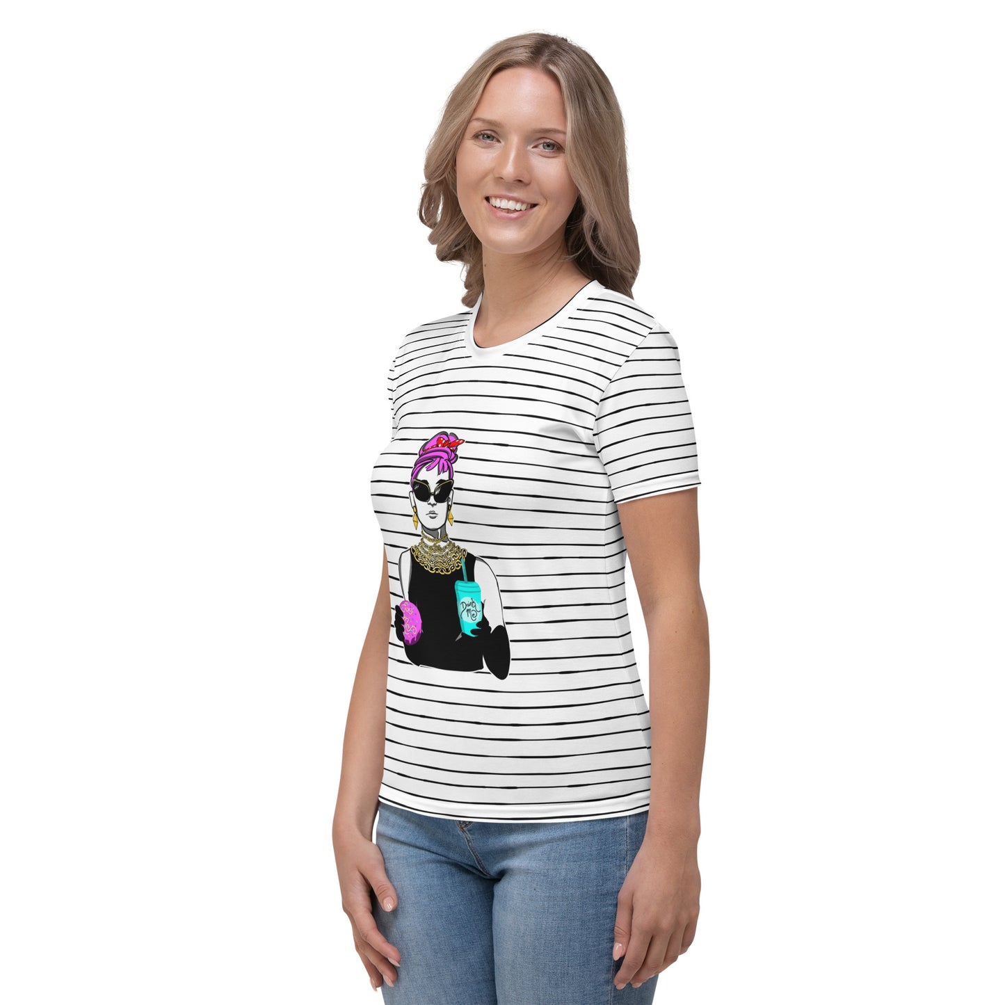 all over print women's crew neck t-shirt with holly in wonderland cartoon digital design and black stripes, model front side