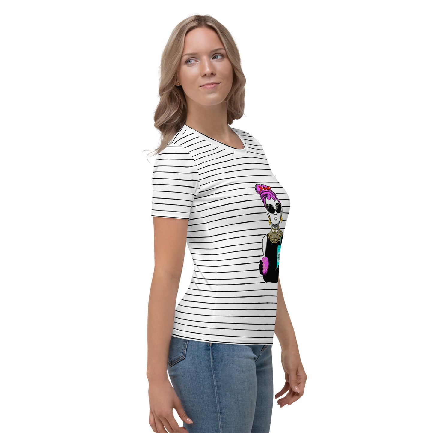 all over print women's crew neck t-shirt with holly in wonderland cartoon digital design and black stripes, model side