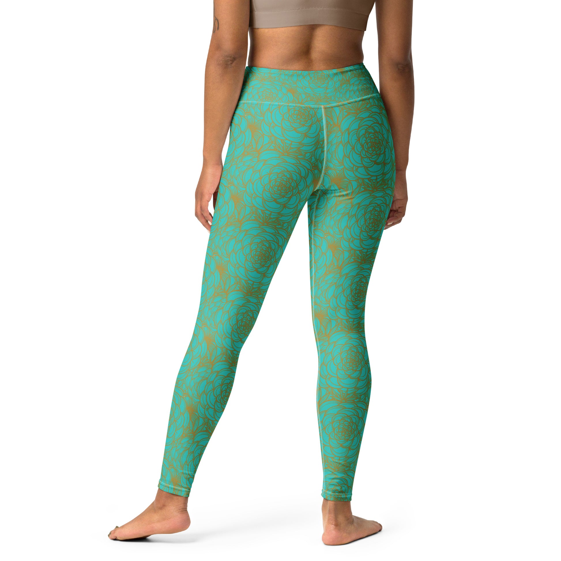 all over print yoga leggings, blue and marigold floral design 