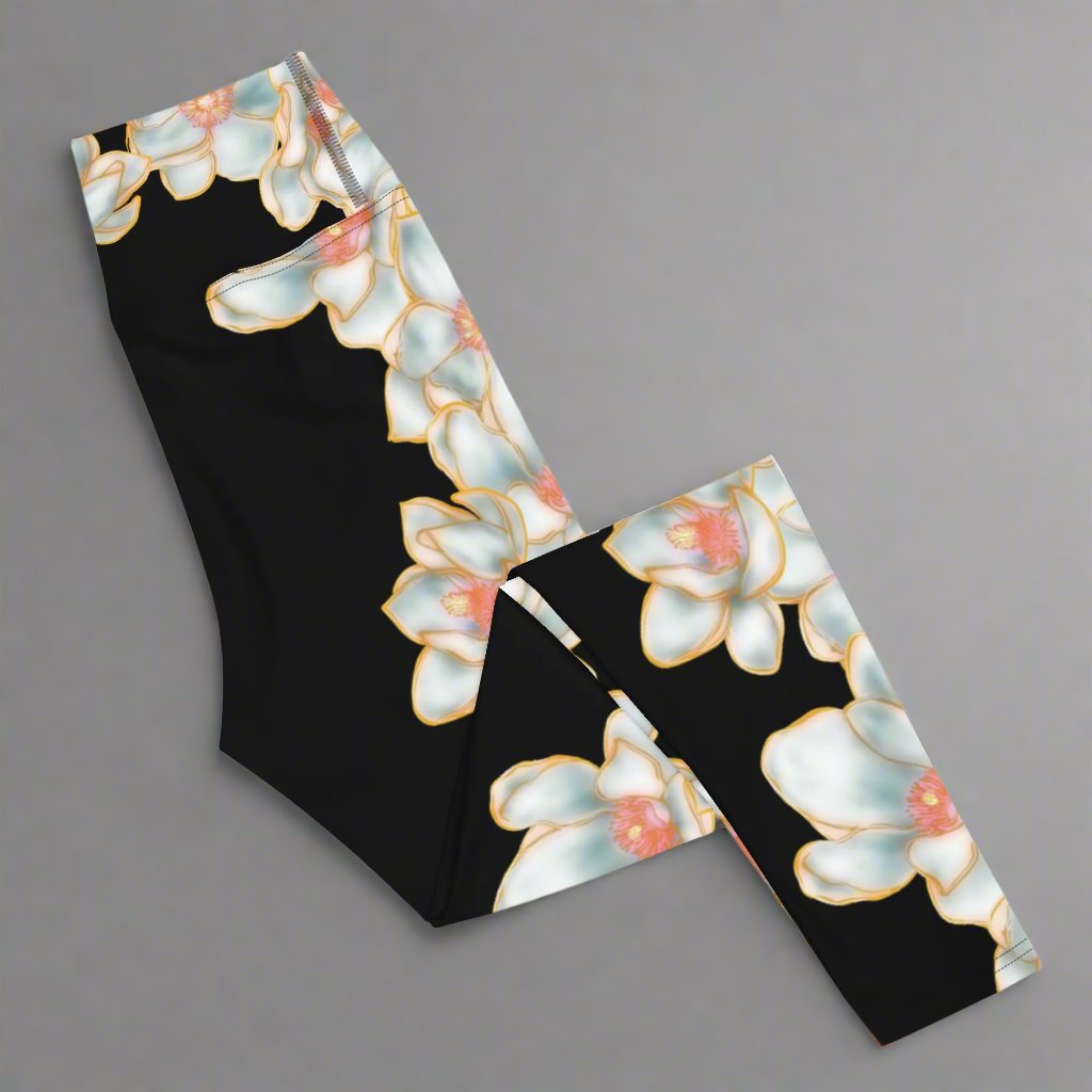 all over print leggings, magnolia by Three in the Trees, flat lay