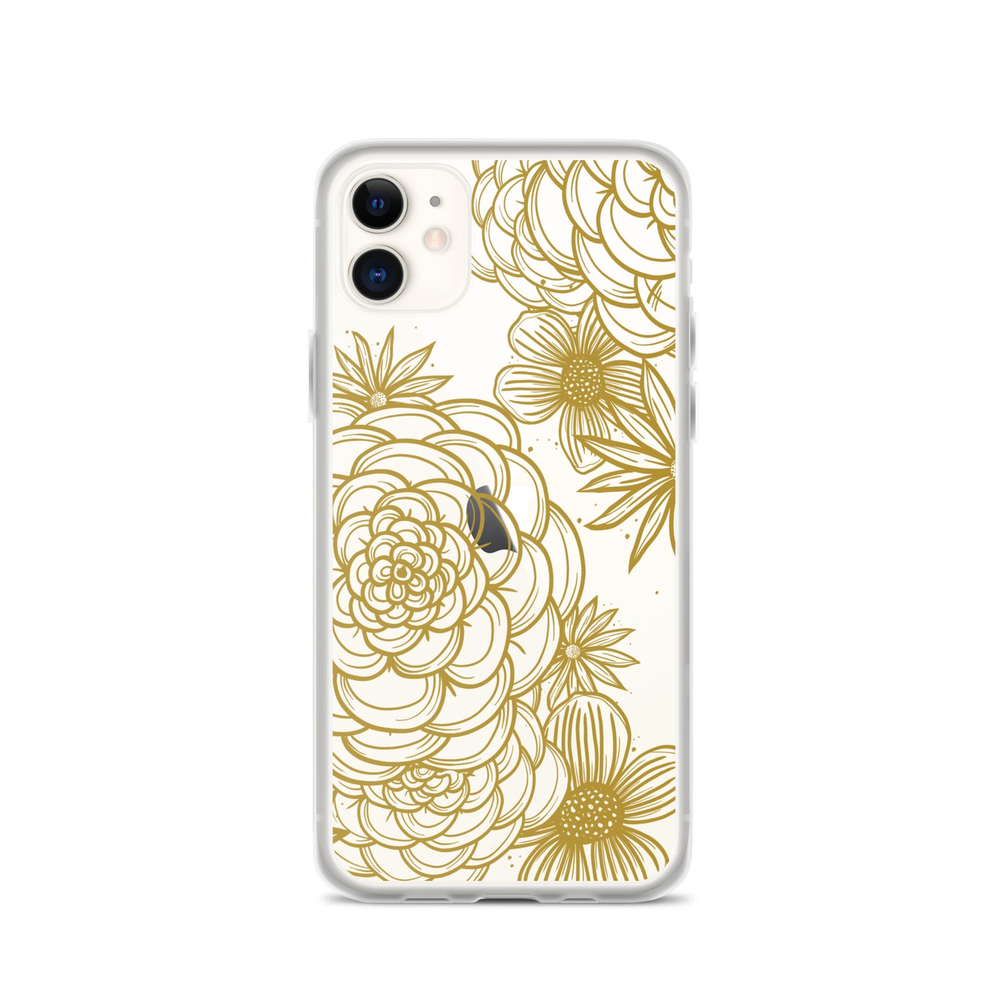 clear case for iPhone, gold tone floral digital hand drawn design