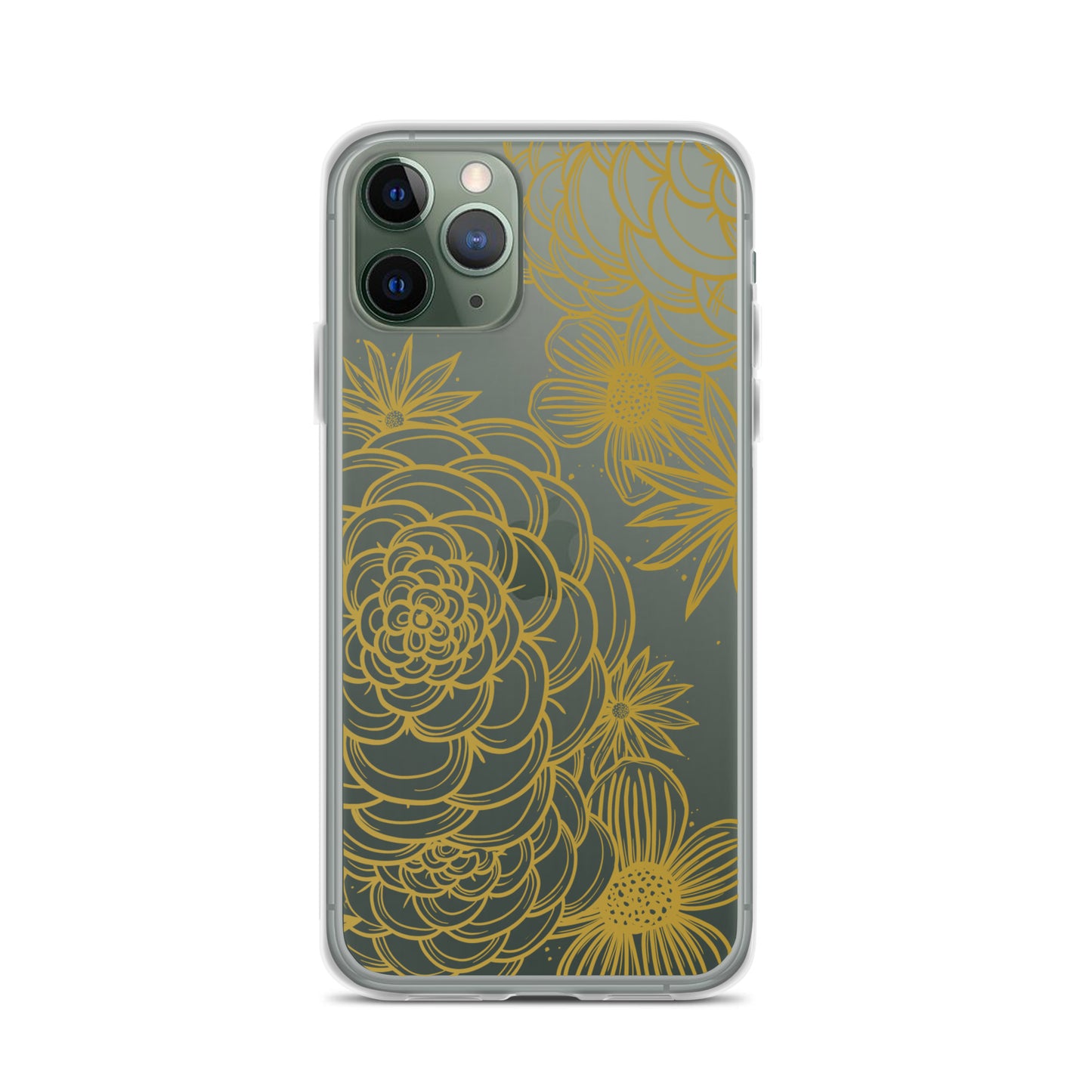 clear case for iPhone, gold tone floral digital hand drawn design