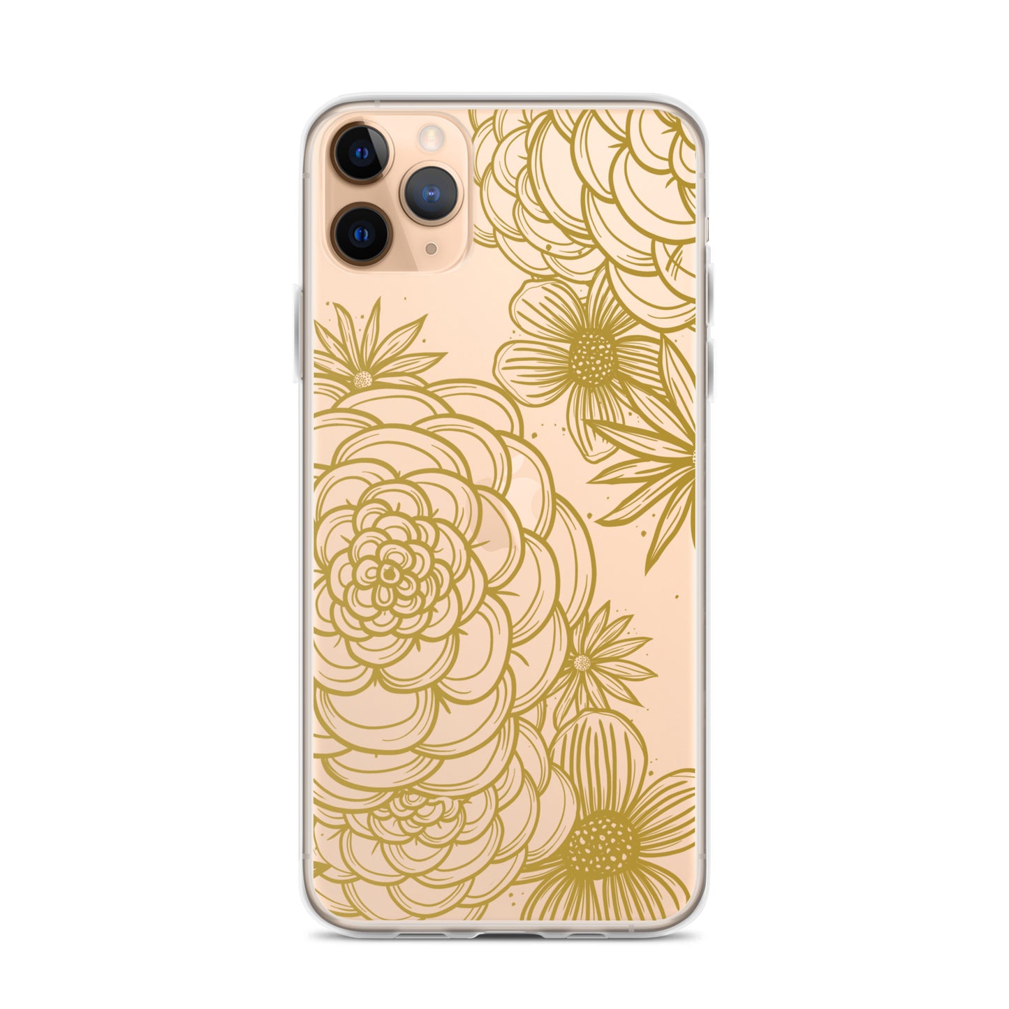 clear case for iPhone, gold tone floral digital hand drawn design