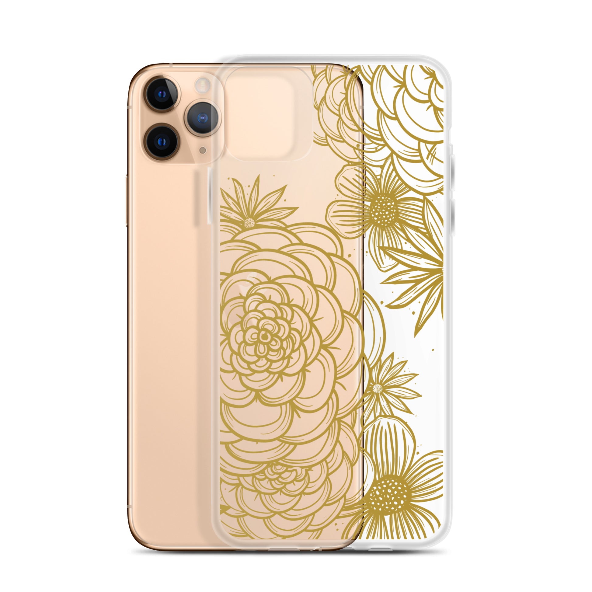 clear case for iPhone, gold tone floral digital hand drawn design