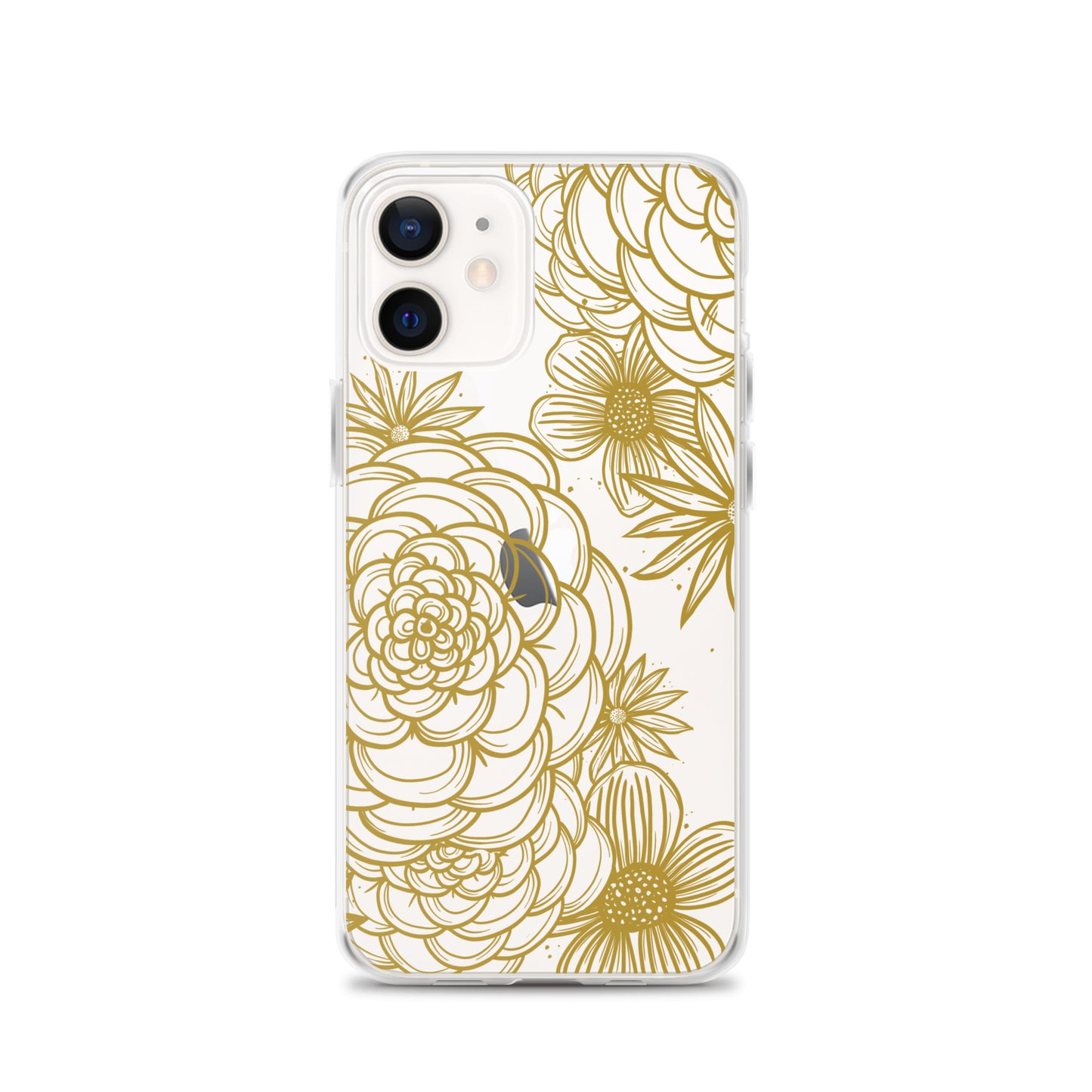 clear case for iPhone, gold tone floral digital hand drawn design