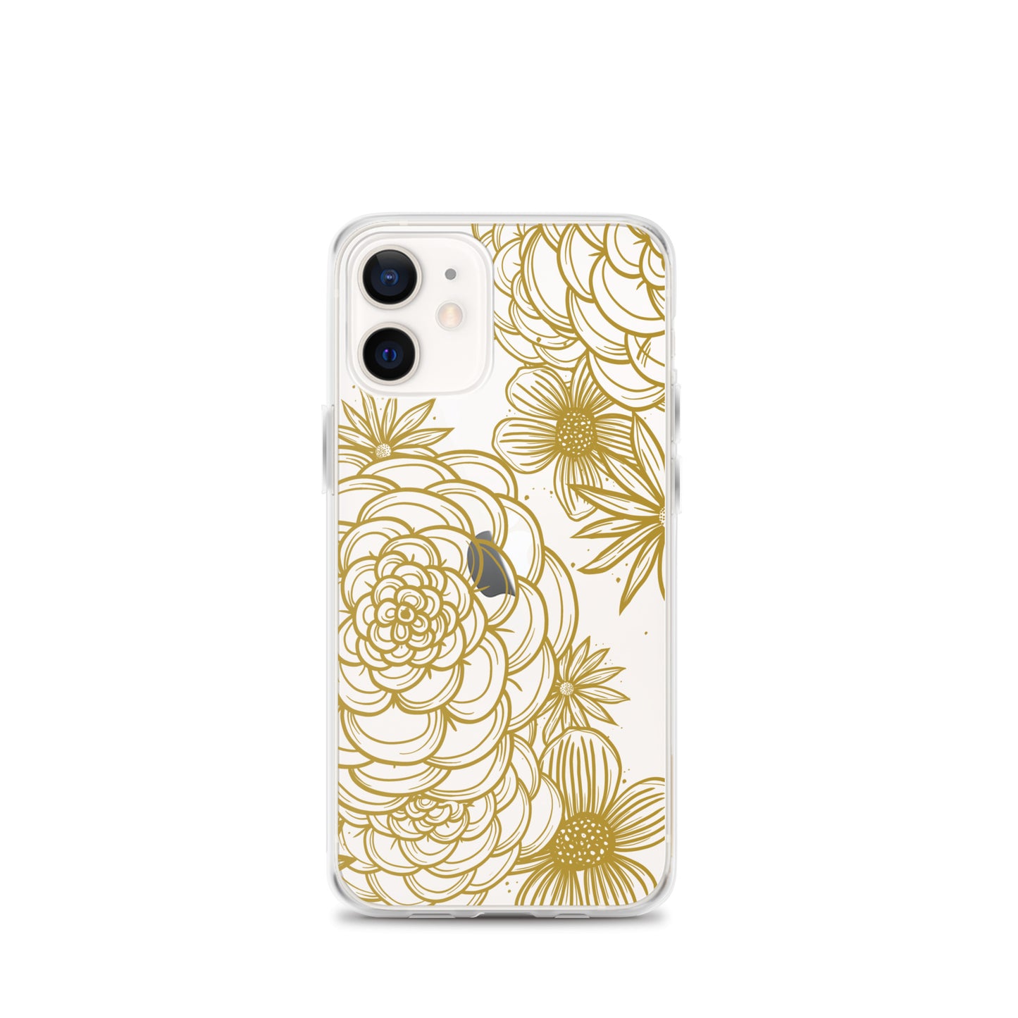 clear case for iPhone, gold tone floral digital hand drawn design