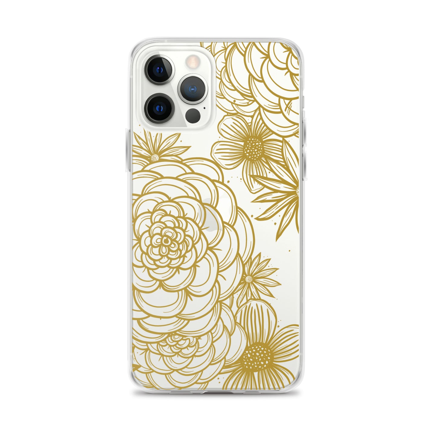 clear case for iPhone, gold tone floral digital hand drawn design