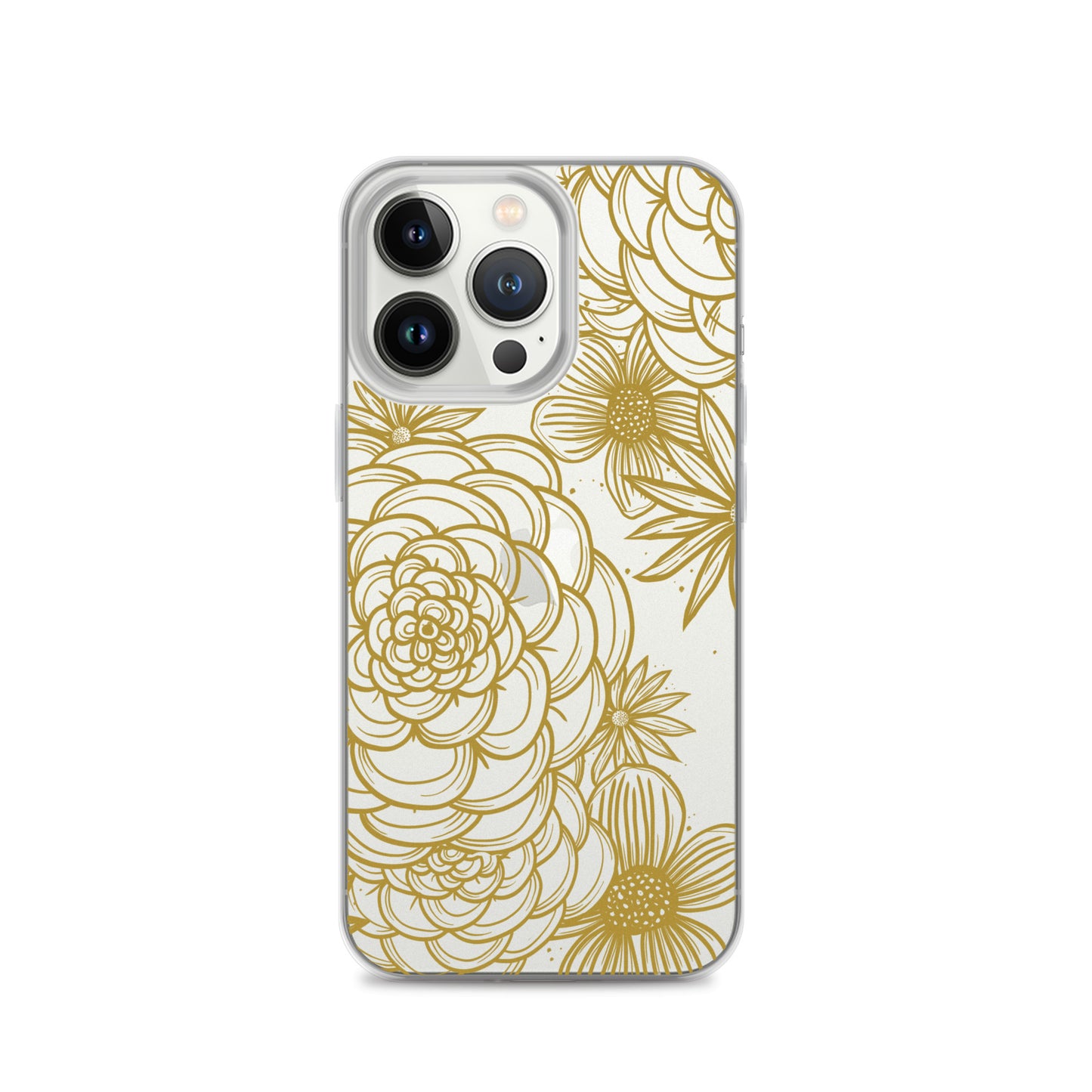 clear case for iPhone, gold tone floral digital hand drawn design