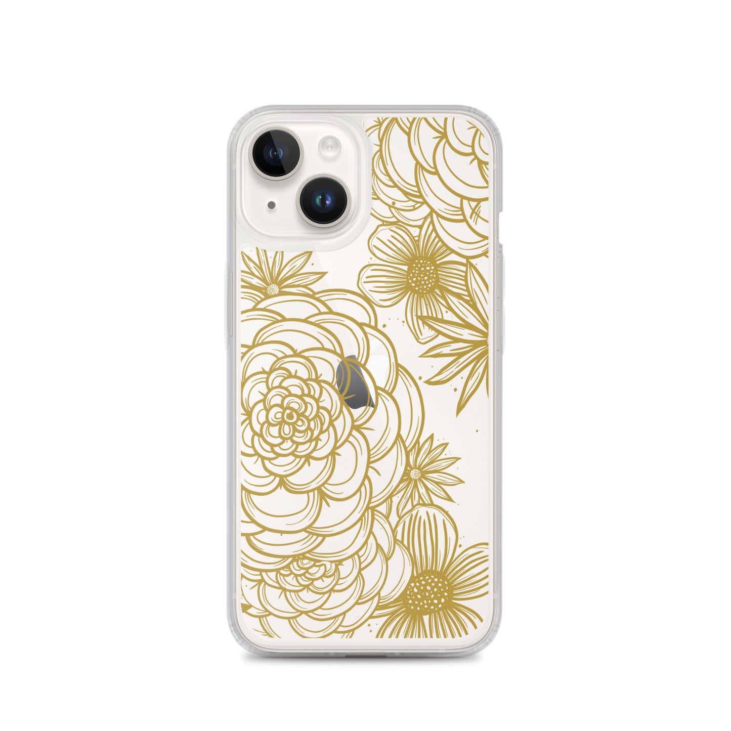 clear case for iPhone, gold tone floral digital hand drawn design