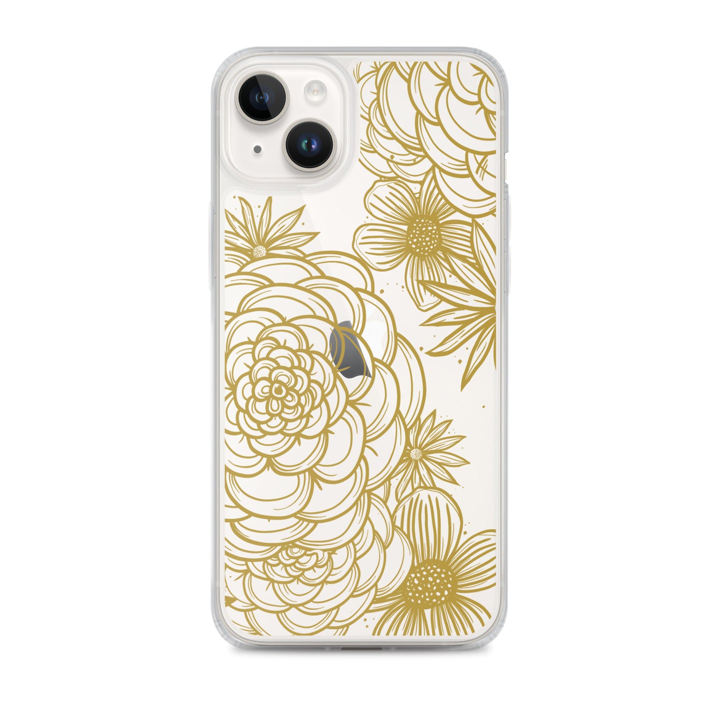 clear case for iPhone, gold tone floral digital hand drawn design