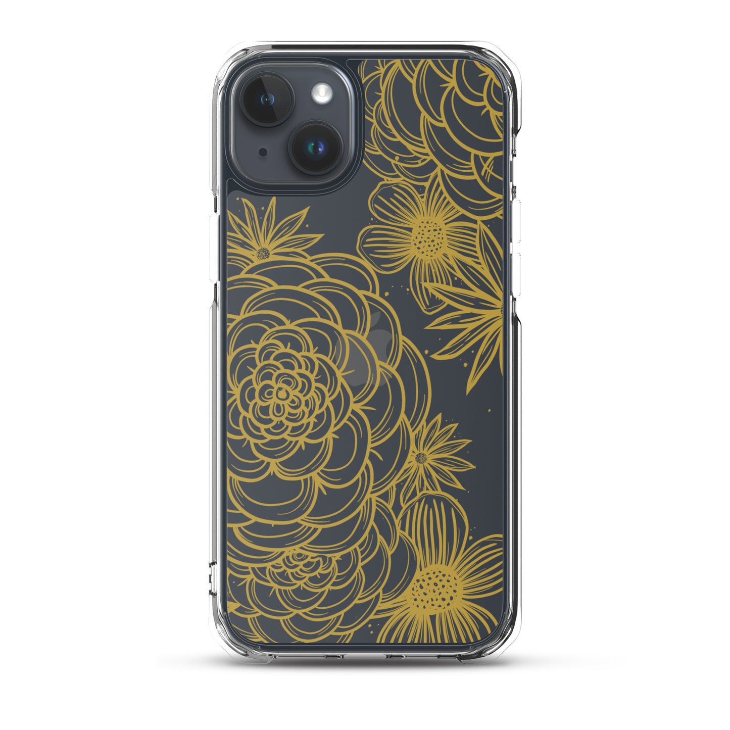 clear case for iPhone, gold tone floral digital hand drawn design