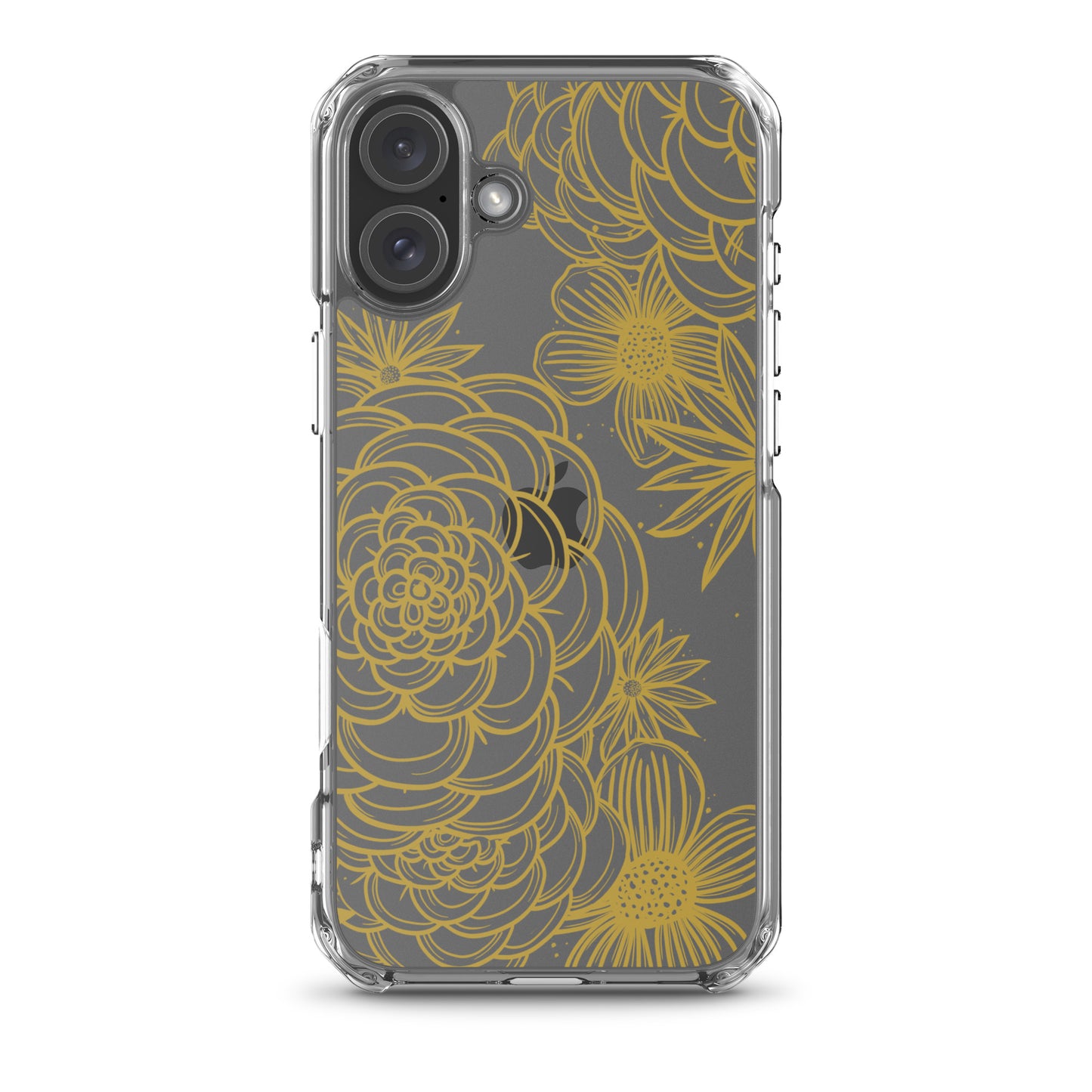 clear case for iPhone, gold tone floral digital hand drawn design