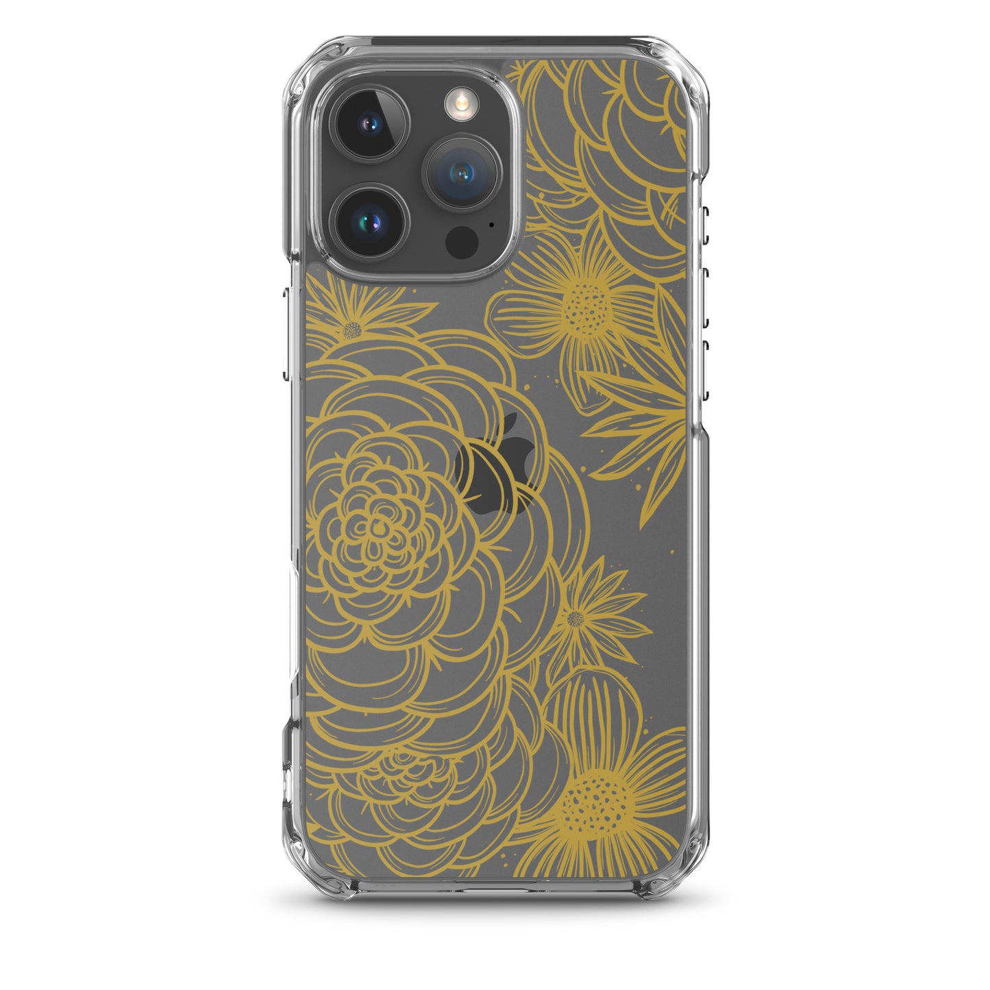 clear case for iPhone, gold tone floral digital hand drawn design