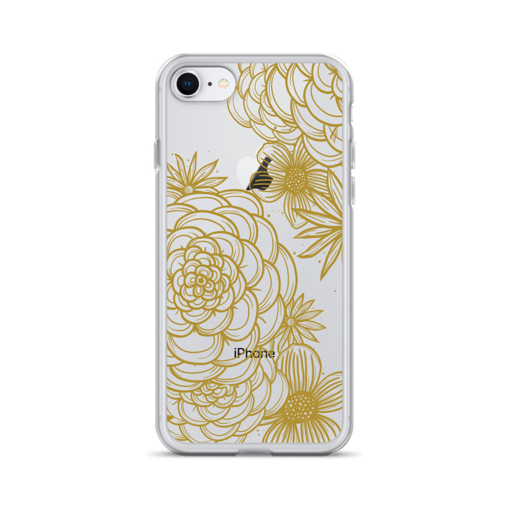 clear case for iPhone, gold tone floral digital hand drawn design