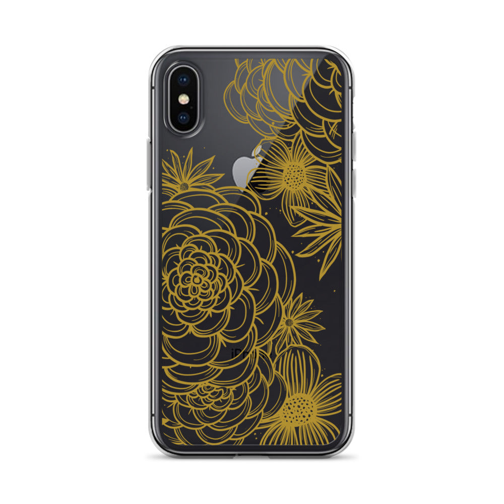 clear case for iPhone, gold tone floral digital hand drawn design