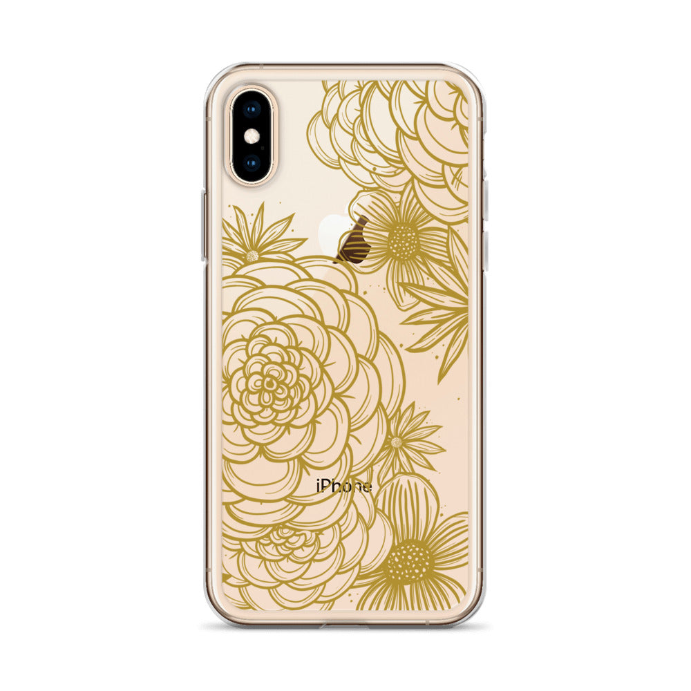 clear case for iPhone, gold tone floral digital hand drawn design