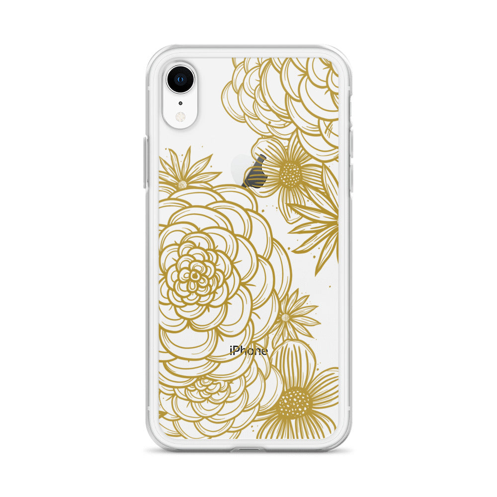 clear case for iPhone, gold tone floral digital hand drawn design