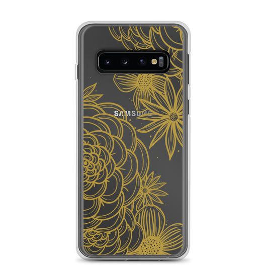 clear case for samsung galaxy, gold tone floral digital hand drawn design