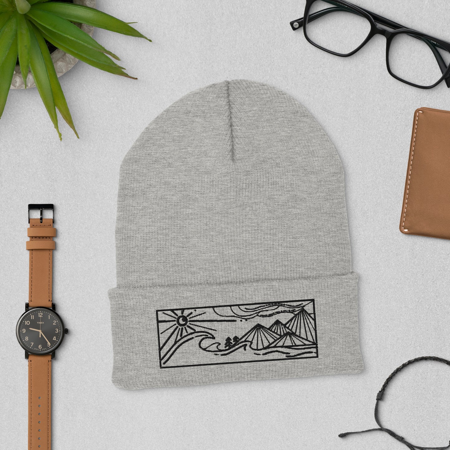 cuffed beanie, black embroidery of seascape and mountains, grey